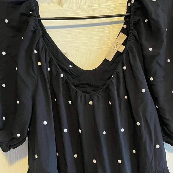 LOFT Black Polka Dot Tiered Puff Sleeve Square Neck Mini Dress Womens Medium - Picture 8 of 12
